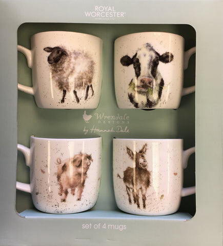 Wrendale - Box Set of 4 Mugs - Cow, Sheep, Donkey & Pig