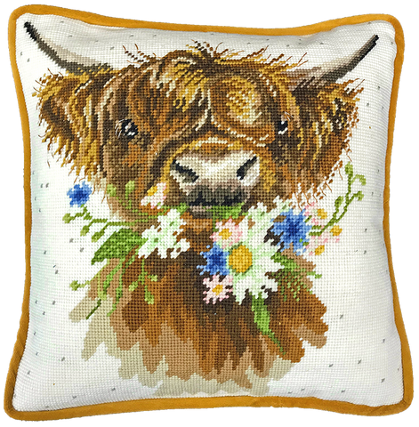 Bothy Threads - Wrendale - Tapestry Kit - Daisy Coo - Highland Cow chewing Daisies