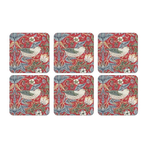 Morris & Co - Strawberry Thief - Coasters - Set of 6 -  Red