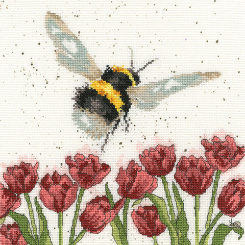 Bothy Threads - Wrendale - Cross Stitch Kit - Flight Of The Bumblebee - Bee & Tulips