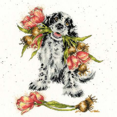Bothy Threads - Wrendale - Cross Stitch Kit - Blooming with Love - Spaniel & Tulips