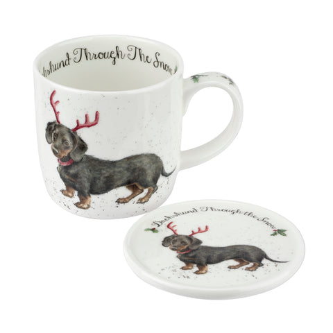 NEW - SPECIAL OFFER - LIMITED STOCK  - Wrendale - Christmas - Mug & Coaster Set - Dachshund Through The Snow