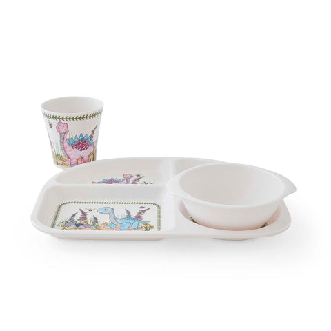 NEW - Portmeirion - Mini Meirion - Melamine 3 Piece Set - Divided Plate, Bowl & Cup - Dinosaur