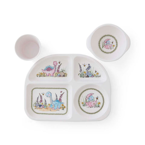 NEW - Portmeirion - Mini Meirion - Melamine 3 Piece Set - Divided Plate, Bowl & Cup - Dinosaur