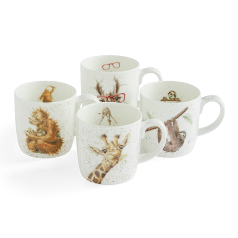 Wrendale - Box Set of 4 Mugs  - Orangutan, Giraffe, Llama, Sloth