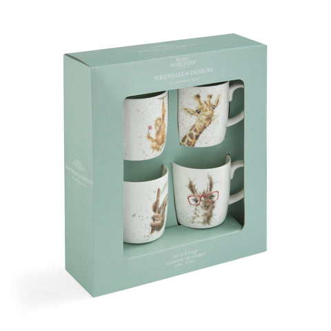 Wrendale - Box Set of 4 Mugs  - Orangutan, Giraffe, Llama, Sloth