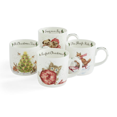 Wrendale - Christmas - Box Set of 4 Mugs  - Christmas Tree, Kitten, Foxes & Pugs
