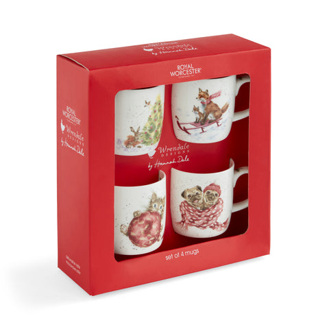 Wrendale - Christmas - Box Set of 4 Mugs  - Christmas Tree, Kitten, Foxes & Pugs