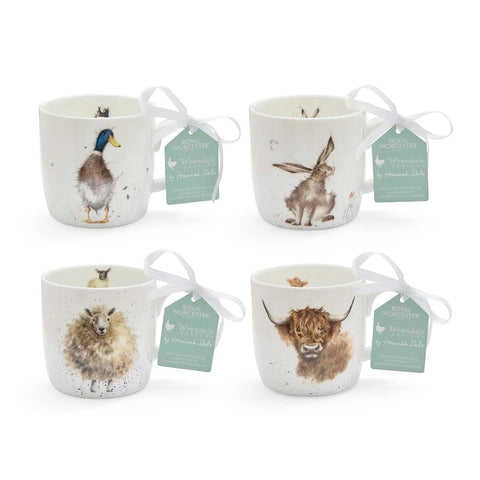 Wrendale - Box Set of 4 Mugs  - Duck, Hare, Sheep & Highland Cow
