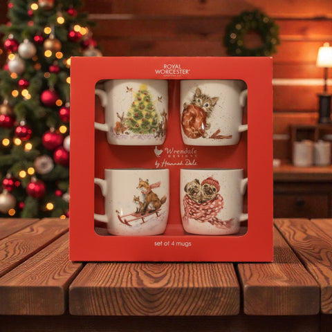 Wrendale - Christmas - Box Set of 4 Mugs  - Christmas Tree, Kitten, Foxes & Pugs