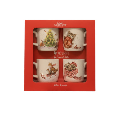 Wrendale - Christmas - Box Set of 4 Mugs  - Christmas Tree, Kitten, Foxes & Pugs