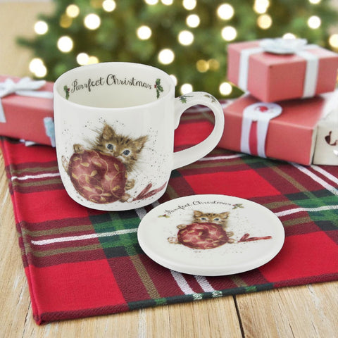 NEW - Wrendale - Christmas - Mug & Coaster Set - Purrfect Christmas Kitten