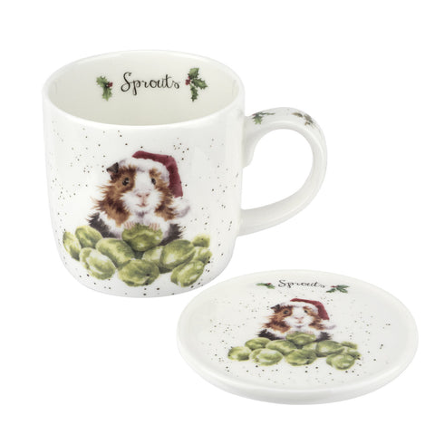 NEW - Wrendale - Christmas - Mug & Coaster Set - Sprouts Guinea Pig