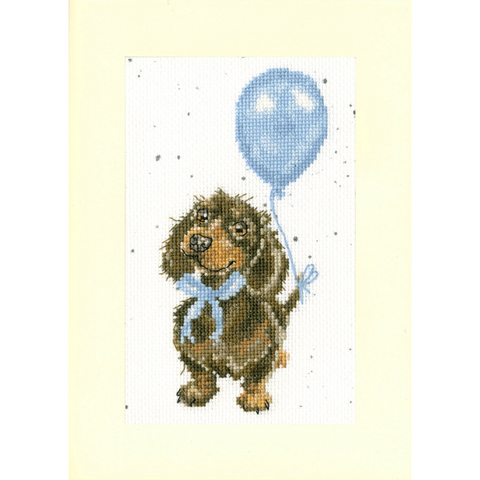 Bothy Threads - Wrendale - Greeting Card Cross Stitch Kit - Welcome Little Sausage - Dachshund Dog with Balloon