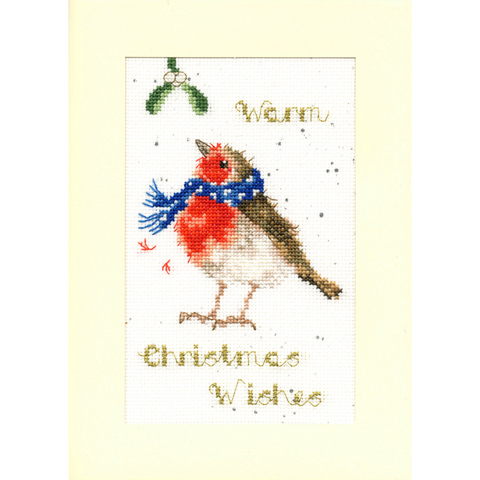 Bothy Threads - Wrendale - Christmas Card Cross Stitch Kit - Warm Wishes - Robin & Mistletoe