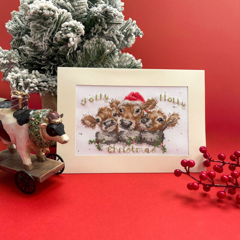Bothy Threads - Wrendale Christmas - Greeting Card Cross Stitch Kit - Jolly Holly Cows