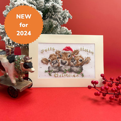 Bothy Threads - Wrendale Christmas - Greeting Card Cross Stitch Kit - Jolly Holly Cows
