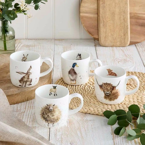 Wrendale - Box Set of 4 Mugs  - Duck, Hare, Sheep & Highland Cow