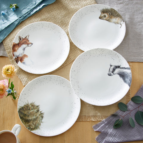 Wrendale - Coupe Dinner Plates ( SET B ) 26.7cm / 10.5" - Set of 4 - Badger, Hedgehog, Fox & Owl