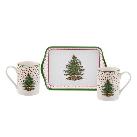 Spode Christmas Tree Polka Dot Mugs & Tray Set