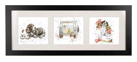 Wrendale  - A Trio of Framed Cards - Labrador & Spaniel, Landrover with Dogs & Spaniel with Tulips