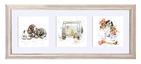 Wrendale  - A Trio of Framed Cards - Labrador & Spaniel, Landrover with Dogs & Spaniel with Tulips