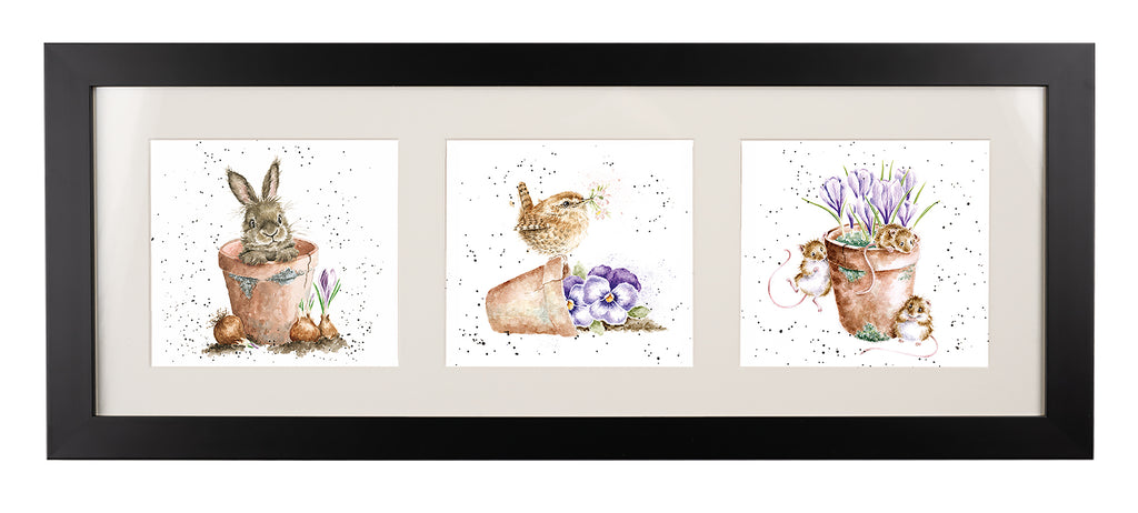 Wrendale  - A Trio of Framed Cards - Rabbit in Flowerpot, Wren on Flowerpot & Mice around Flowerpot