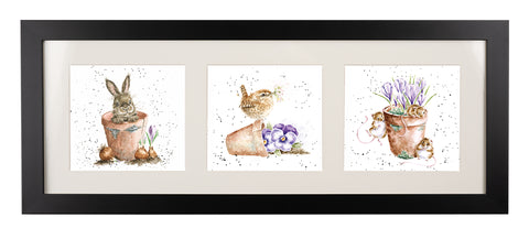 Wrendale  - A Trio of Framed Cards - Rabbit in Flowerpot, Wren on Flowerpot & Mice around Flowerpot