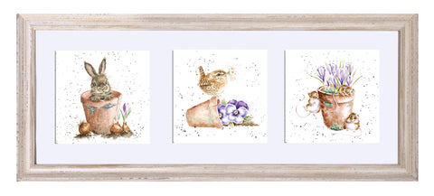 Wrendale  - A Trio of Framed Cards - Rabbit in Flowerpot, Wren on Flowerpot & Mice around Flowerpot