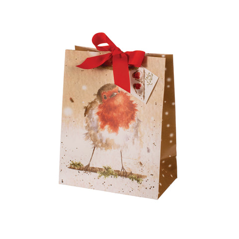 Wrendale - Christmas - Gift Bag -  Medium  - Robin with Gold Border