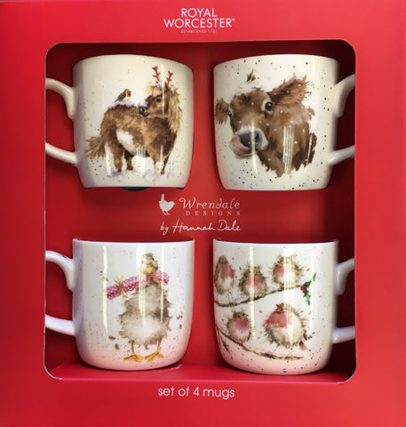 Wrendale - Christmas - Box Set of 4 Mugs - Pony, Cow, Goose and Robins