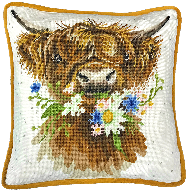 Bothy Threads - Wrendale - Tapestry Kit - Daisy Coo - Highland Cow chewing Daisies