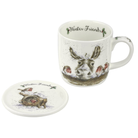 Wrendale Mug & Coaster Set - Christmas Collection - Winter Friends - Donkey & Robin