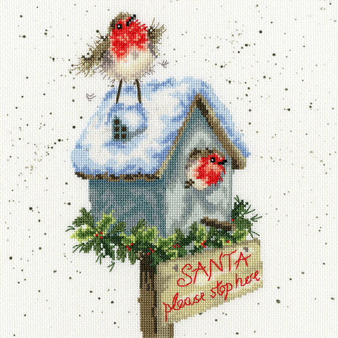 Bothy Threads - Wrendale - Cross Stitch Kit - Santa Please Stop Here - Robins in Birdhouse