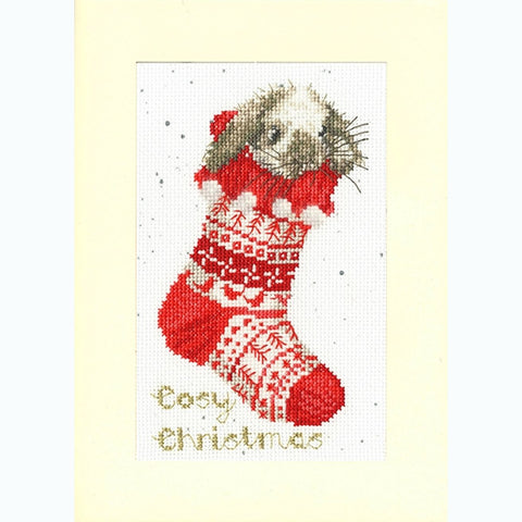Bothy Threads - Wrendale - Christmas Card Cross Stitch Kit - Cosy Christmas - Rabbit in Stocking